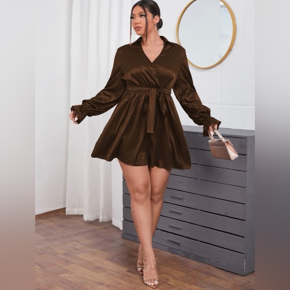 Plus Dalmatian Jacquard Flounce Sleeve Overlap Collar Belted Satin Dress